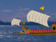 Römerschiff mit Drachenstandarte auf dem Rhein,