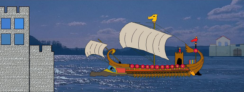 Römerschiff mit Drachenstandarte auf dem Rhein,